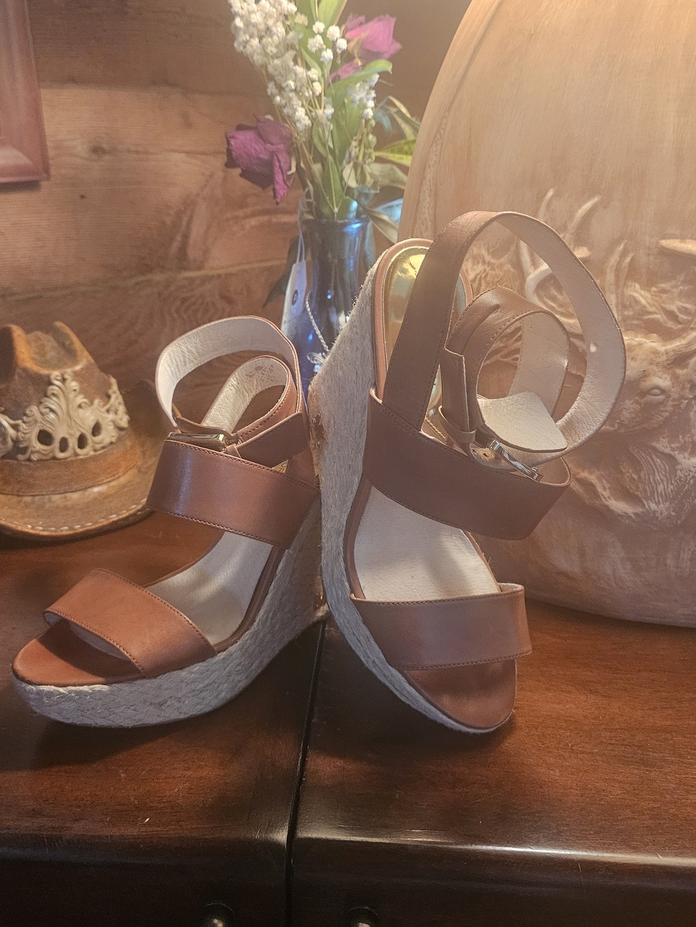 Michael Kors Brown Leather Espadrille Wedge Sandals